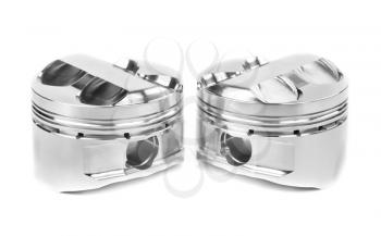 set of two polished forged pistons. Isolate on white.