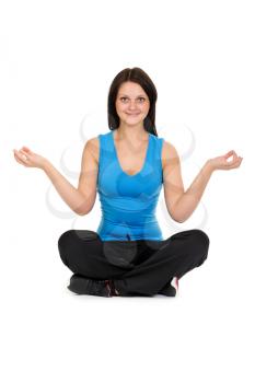 Cheerful girl meditating isolated on white background
