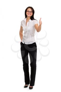 young female shows thumb up gesture, isolated on white