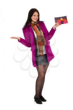 Beautiful girl in a bright coat. Isolated on white background