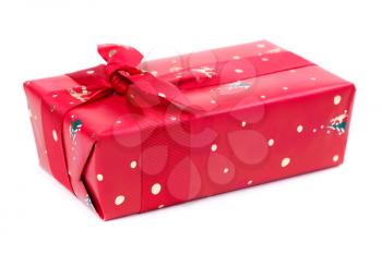 Red gift box with ribbon bow isolated on white background