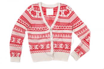 Bright knitted sweater with red pattern. Isolate on white.