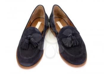 pair of blue suede shoes on a white background.