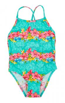 Fused turquoise swimsuit with floral pattern. Isolated on white background