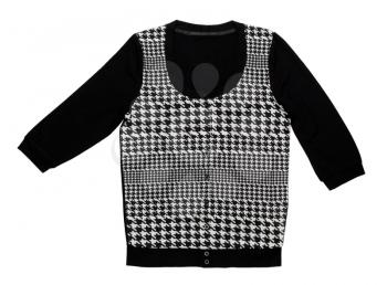 Black warm jacket with a bright geometric pattern on a white background