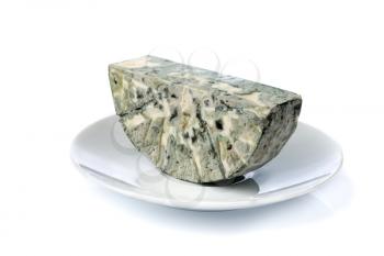 Cheese with blue mold on the plate. Isolate on white.