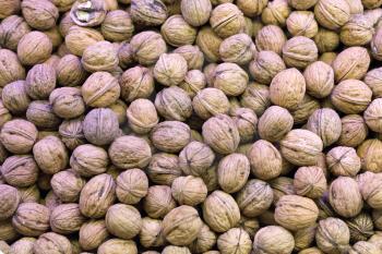 Background of raw walnuts in the market Rambla in Barcelona