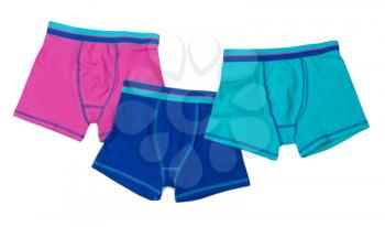 Three colored men's boxer shorts. Isolate on white.