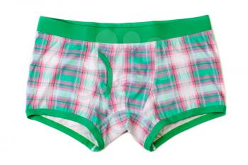 Men's boxer shorts in green-pink checkered. Isolate on white background.