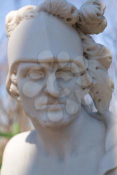 Portrait sculpture of white marble. Mars, the god of war. Shallow depth of field.