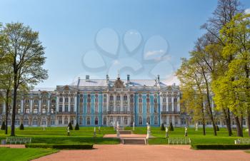 Main facade of the historic palace, Baroque style. Blue, white and gold gamma. Summer sunny day