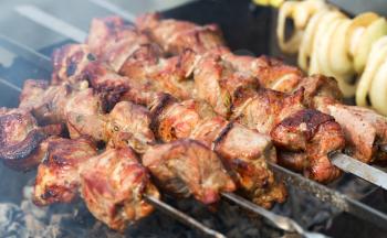 Shish kebab on skewers on the grill with coals