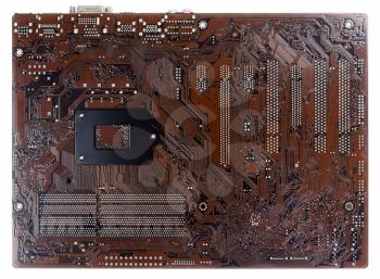 Brown motherboard for socket 1150 on a white background in high resolution.