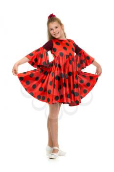 teen girl in a red dress with polka dots. Isolate on white.