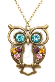 Owl necklace adorned with precious stones. Isolate on white.