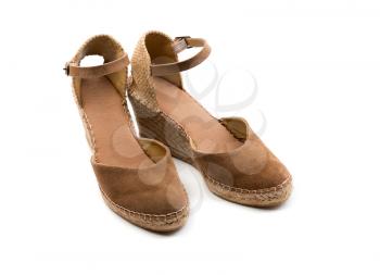 Pair of brown suede women's shoes. View from above. Isolate on white.