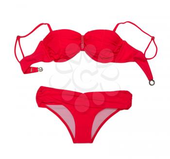 Trendy red swimsuit with rhinestones. Bra and panties. Isolate on white.