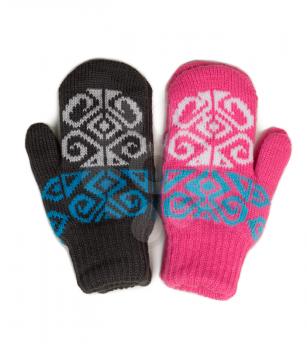 Gray pink knitted mittens them. Isolate on white.