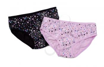 Two cotton panties, pink and black with a pattern of a star. Isolate on white.