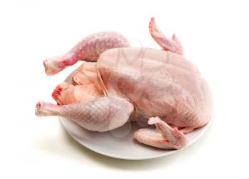Carcass of broiler chicken on a plate (not cooked). Isolate on white background