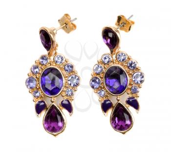 Pair of earrings with blue and purple stones. Isolate on white.