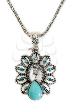 Pendant with turquoise stone in a silver frame. Isolate on white.