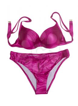 Purple satin lingerie set, bra and panties. Isolate on white.