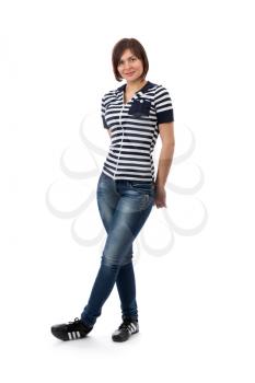 25 year old girl wearing a blue and white striped jeans in the studio. Isolate on white.