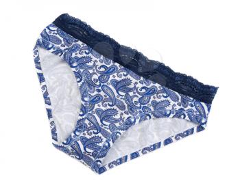 Panties with a blue pattern and lace. Isolate on white.