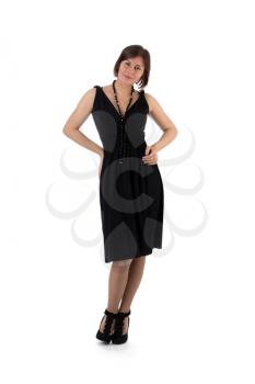 Young brunette lady in black dress posing on white background