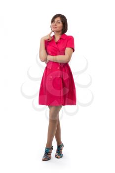 Young beautiful girl in red dress full-length studio, isolate on white background.