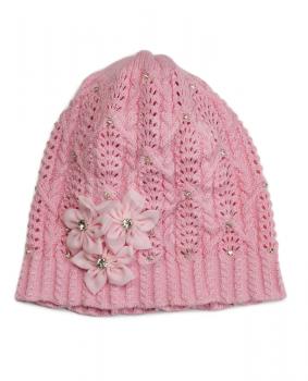 Knitted winter hat with a pink knitted pattern. Isolate on white.