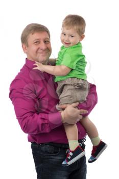 Portrait of a father with a 3-year-old son in the studio. Isolate on white.