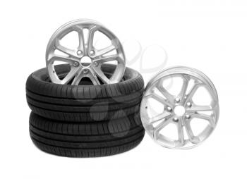 Two wheels and tires for the car. Isolate on white background. 