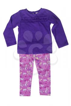 Children's clothing, purple sweater and pink pants. Isolate on white.