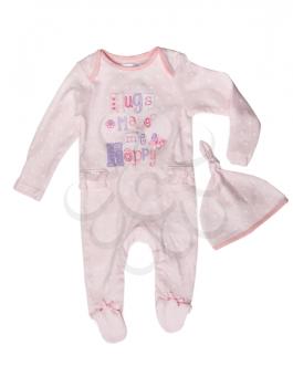 Set pink rompers with cap that says Hugs make me happy. Isolate on white.