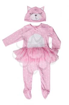 Set pink rompers with hat, a kitten. Isolate on white.