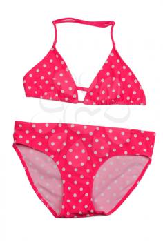 Pink polka dot swimsuit. Isolate on white.