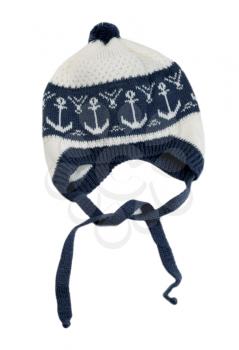 Knitted cap with an anchor pattern. Isolate on white.