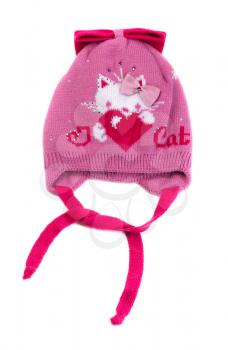 Pink baby hat with laces. Isolate on white.
