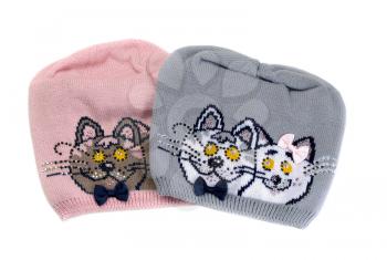 Two color knit cap with a pattern of a cat. Isolate on white.