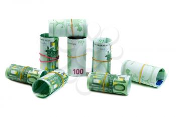 Banknotes 100 euros rolls. Isolate on white.