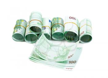Banknotes 100 euros rolls. Isolate on white.