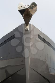 Front view of big luxury yacht, bow, stainless stell anchor