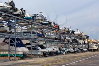Shelves with boats in the port of Mallorca, Spain