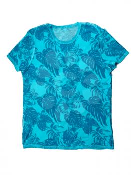 Blue T-shirt with a pattern in the shape of palm trees. Isolate on white.