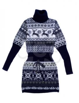 Women's knit dress with a pattern of deer. Isolate on white.