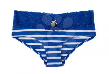 Blue striped panties with tag size L. Isolate on white.