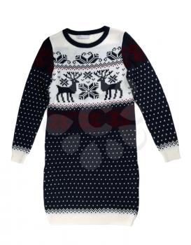 Knitted sweater dress with a pattern of deer. Isolate on white.