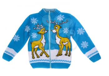 Blue children's knitted sweater with a reindeer. Isolate on white.
